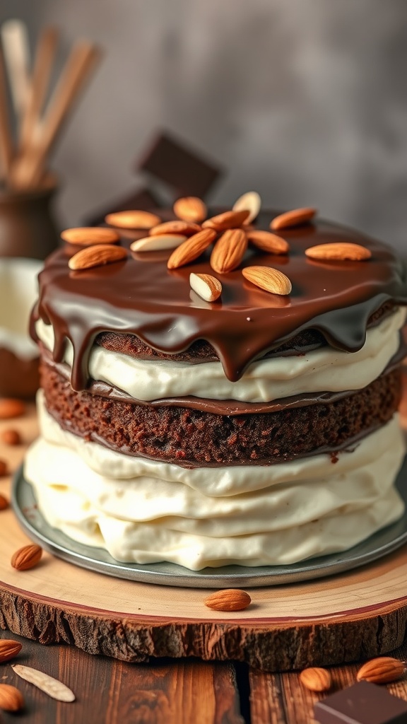 A decadent Almond Joy Cake with chocolate layers, coconut frosting, and almond toppings, on a wooden table.